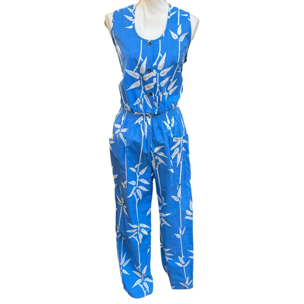 Banana Bay Hawaii Cotton Vintage Jumpsuit Size L Blue White Print Sleeveless EUC